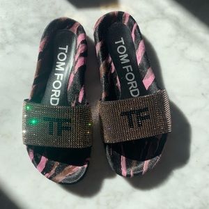 TOM FORD Size 36 Pony hair and crystal slides.
